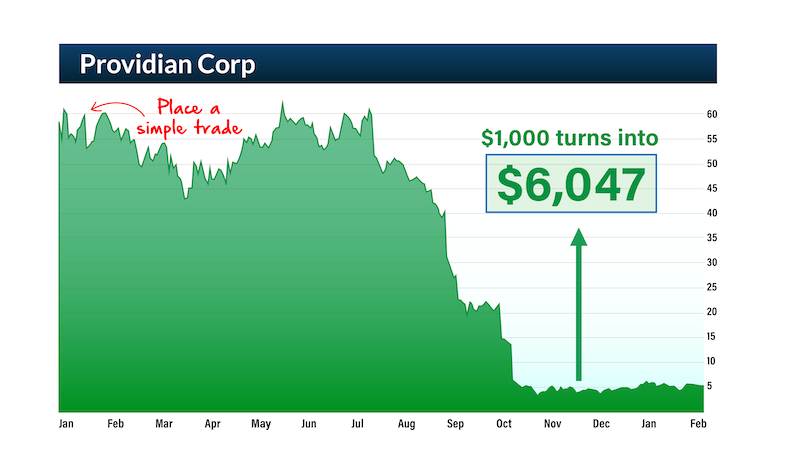 chart: Providian Corp captioned '$1,000 turns into $5,310'